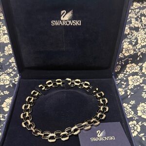 Vintage Swarovski Gold Link Onyx Chain Necklace with Pavé Accents